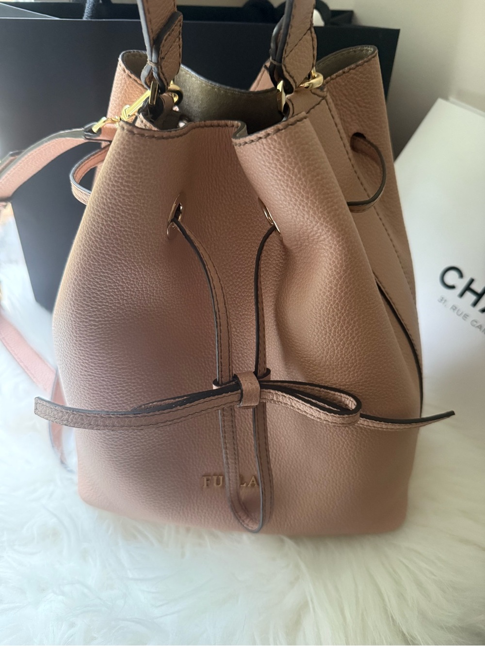 Authentic Furla Women's Tan Leather Drawstring Bucket Bag